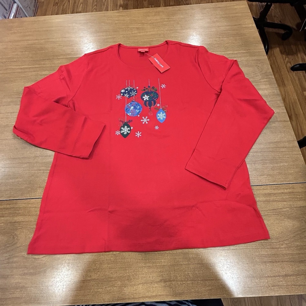 Holiday Lane Shirt Womens Plus 3X Red Christmas Ornament Glitter L/S Snow NWT